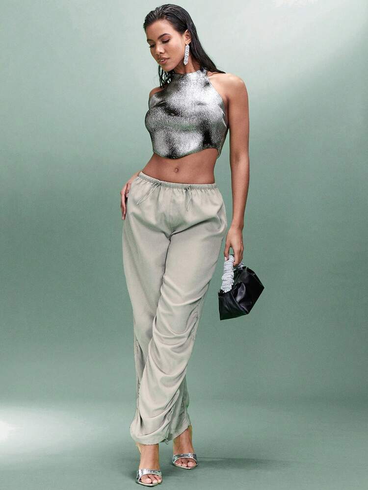 Silver Foil Cropped Halter Knit Top, Suitable For Spring Daily Wear, Festival Party, Single Gathering, Date Night, Music Festival, Performance And Nightclub