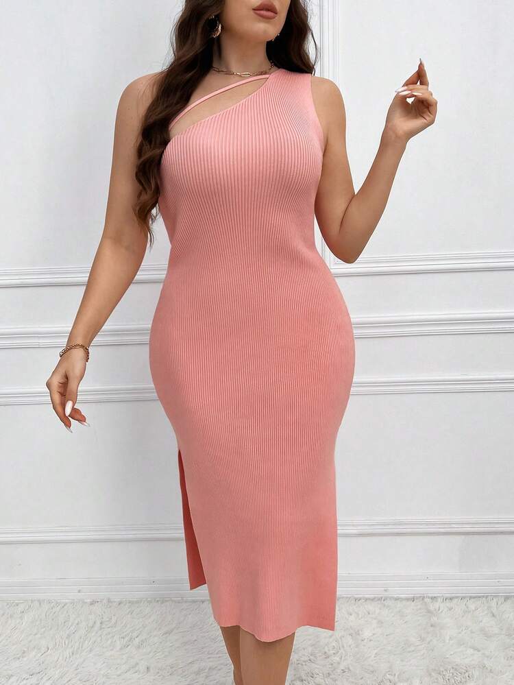 Plus Size One Shoulder Sleeveless Split Side Sweater Dress