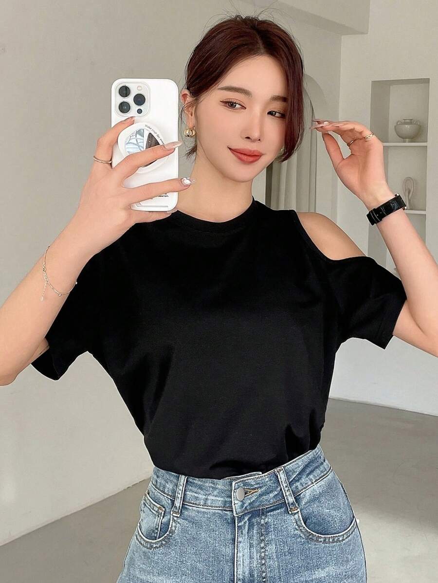 DAZY 女式短袖露肩T恤夏季学院风上衣 - 黑色 - 查看 1