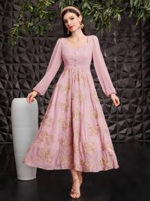 Modelyn Đầm dạ hội dài tay đèn lồng dệt jacquard cho nữ - Hồng - Xem 7