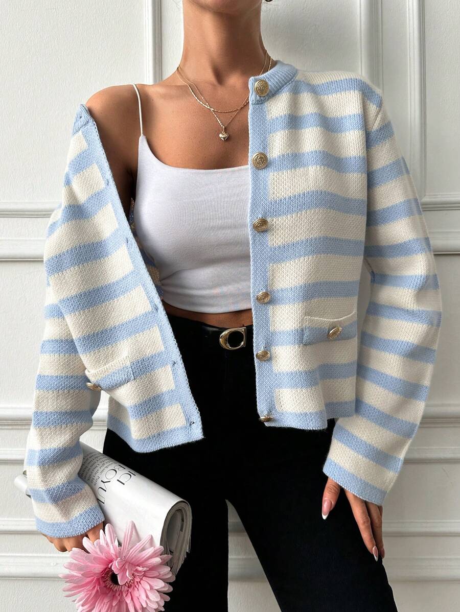 EURMUSE Vertical Striped Button Up Cardigan - Baby Blue - View 1