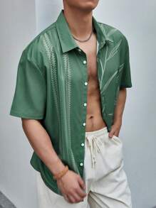 Manfinity RSRT Camisa Abierta De Botón De Manga Corta Con Estampado De Hojas Para Hombre - Verde - Ver 5