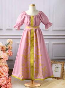 SHEIN Bedrucktes Kleid Für Junge Mädchen Mit Tape & Splice Und Kurzen Ärmeln - Pink - Übersicht 1