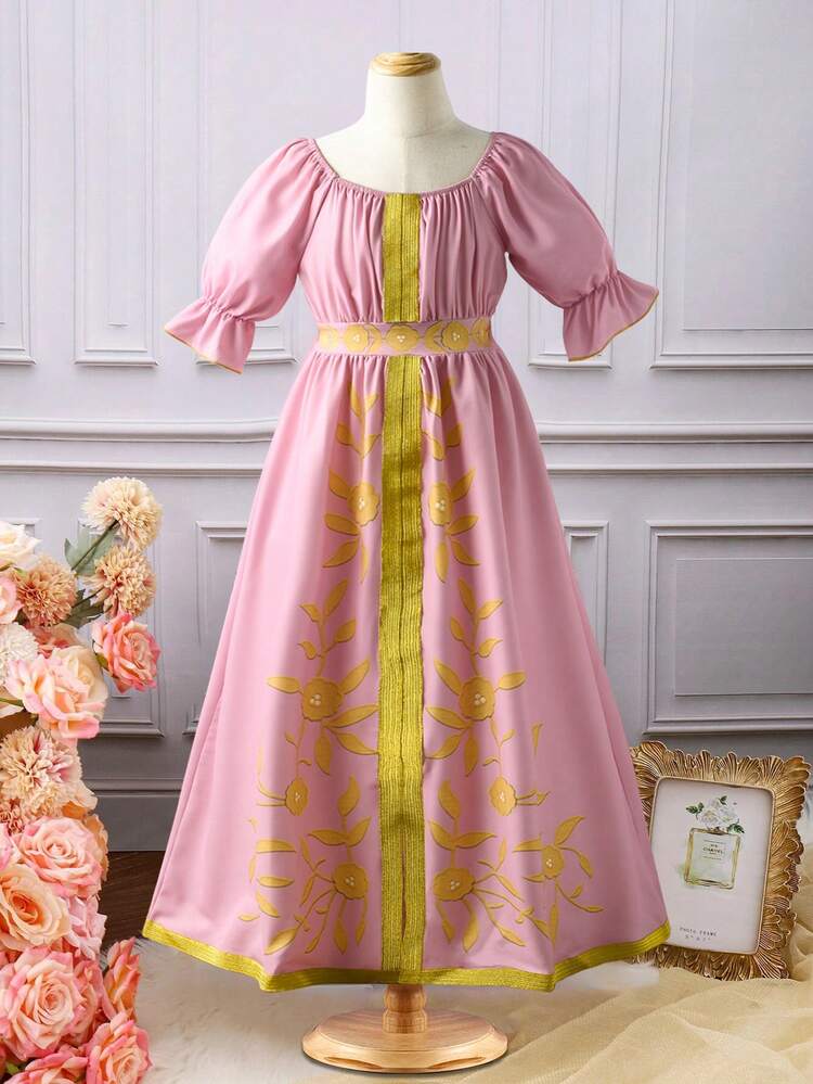 Young Girls' Printed Tape & Splice Short Sleeve Long Dress