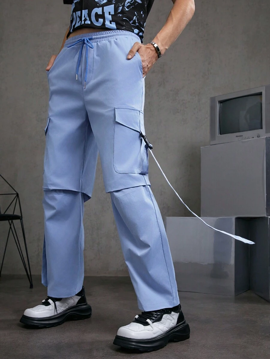 Manfinity VCAY Pantalones Azules Sueltos Para Hombre Con Hebilla Y Bolsillos Para El Uso Diario En Primavera Y Verano - Azul - Ver 1