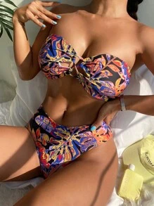 SHEIN Swim 女士热带树叶印花交叉肩带比基尼套装 夏季 - 彩色 - 查看 1
