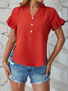 SHEIN LUNE Màu thuần Cổ áo có khía Tay áo xù Áo sơ mi - Đỏ - Xem 3