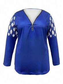 SHEIN LUNE Kích thước lớn Của phụ nữ Hình học In Raglan Tay áo dài Áo thun - Màu xanh lam - Xem 1