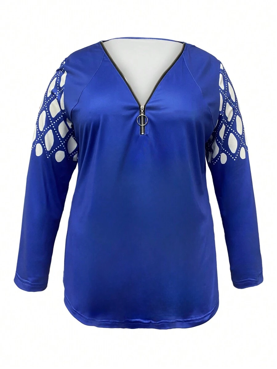 SHEIN LUNE Kích thước lớn Của phụ nữ Hình học In Raglan Tay áo dài Áo thun - Màu xanh lam - Xem 1