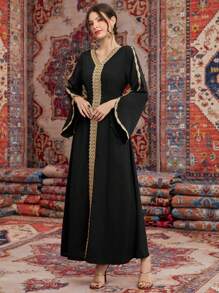 Al Najma Khối màu Thêu Vá lại Cổ chữ V Tay áo chuông Áo choàng Thổ Nhĩ Kỳ - màu đen - Xem 8