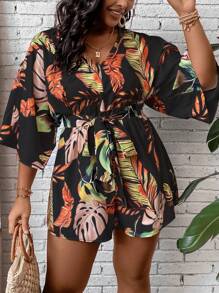 SHEIN Clasi Plus Tropical Print Belted Romper - Black - View 1