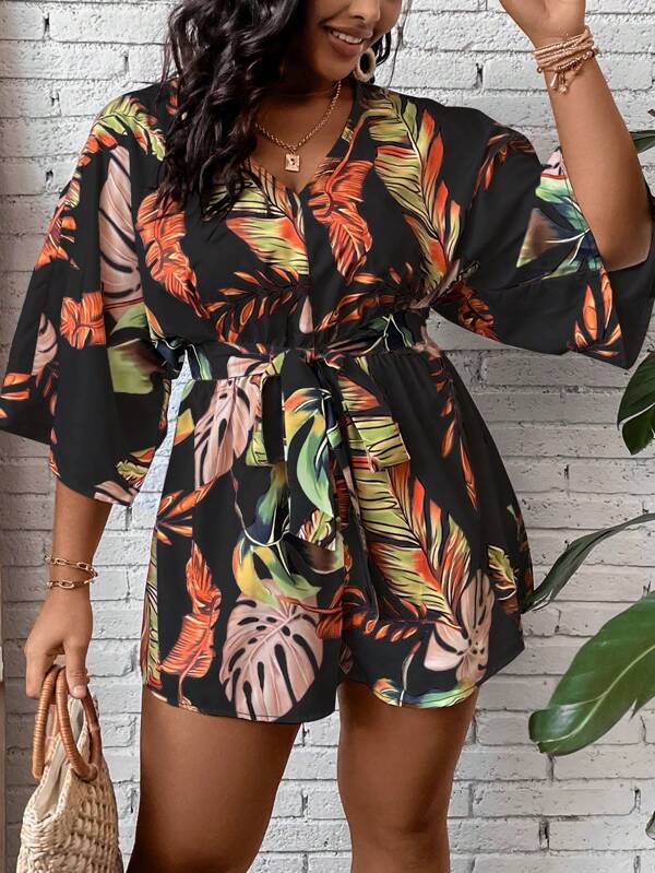 SHEIN Clasi Plus Tropical Print Belted Romper