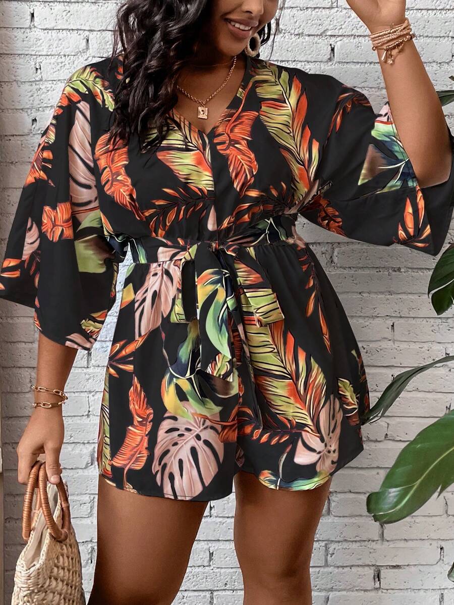 SHEIN Clasi Plus Tropical Print Belted Romper - Black - View 1