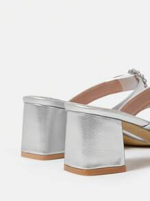 Women'S High Heeled Chunky Heel Sandals Decorated With Rhinestones - Silver - View 8