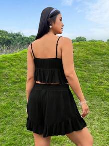 SHEIN Qutie 大码女式黑色吊带背心和短裤两件套 - 黑色 - 查看 5