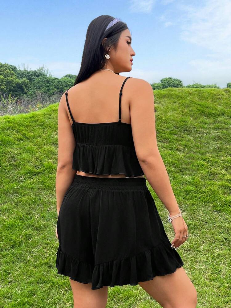 Plus Size Women's Black Cami Top And Shorts Two Pieces Set