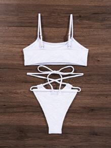 SHEIN Swim 女士纹理交叉带抹胸比基尼套装 夏季 - 白色 - 查看 4