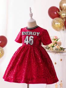 SHEIN Young Girls' Fashionable Sports Style Sequined Digital - Letter Pattern Short Sleeve Dress With Round Neck - Hot Pink - View 3