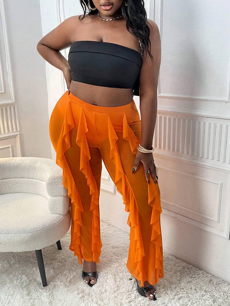 Women's Plus Size Ruffle Trimmed And Decorated Flared Pants