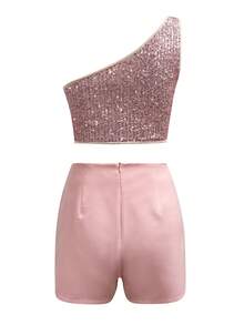 Bộ 2 món áo sequin hở vai gợi cảm cho nữ + váy/quần short viền bất đối xứng, thời trang cho sinh nhật, tiệc ngoài vườn, tiệc chiêu đãi, tuần trăng mật - Hồng - Xem 2