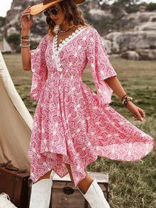 SHEIN LUNE Của phụ nữ In hoa Tay áo chuông Đầm - Màu Hồng Tươi - Xem 4