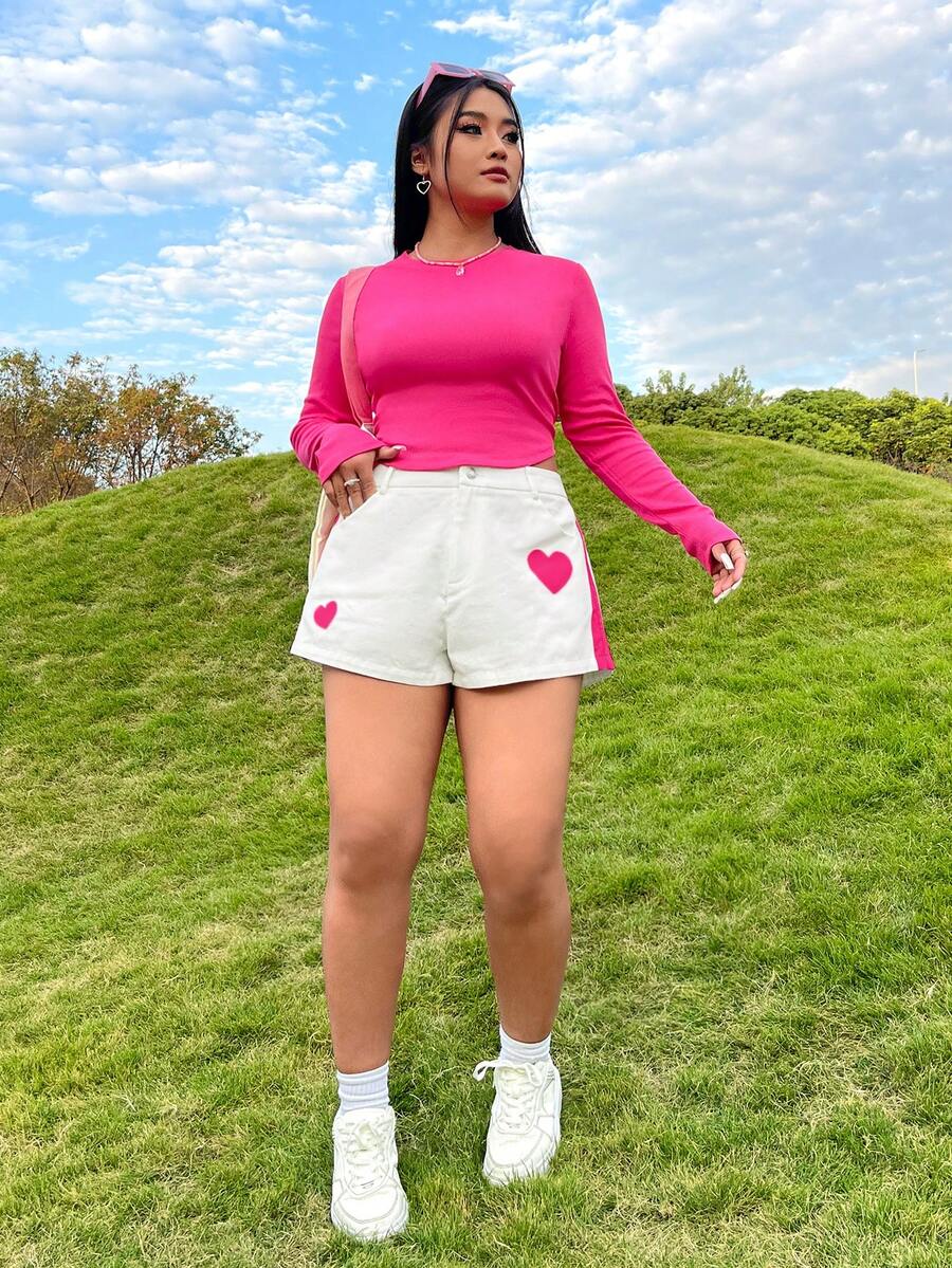 SHEIN EZwear 女款大尺碼心形印花對比色短褲 - 白色 - 查看 1