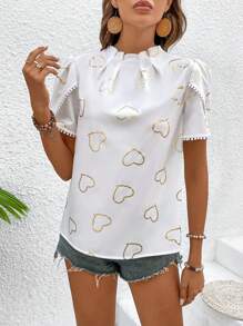 SHEIN LUNE Camisa Con Mangas Abullonadas Y Estampado De Corazones Y Sellos Dorados