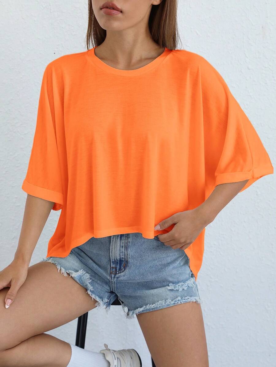 SHEIN EZwear Áo thun dệt kim viền bất đối xứng dành cho nữ - trái cam - Xem 1