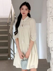 DAZY 女士泡泡袖下摆立领荷叶边连衣裙，秋季长袖连衣裙 - 白色 - 查看 5