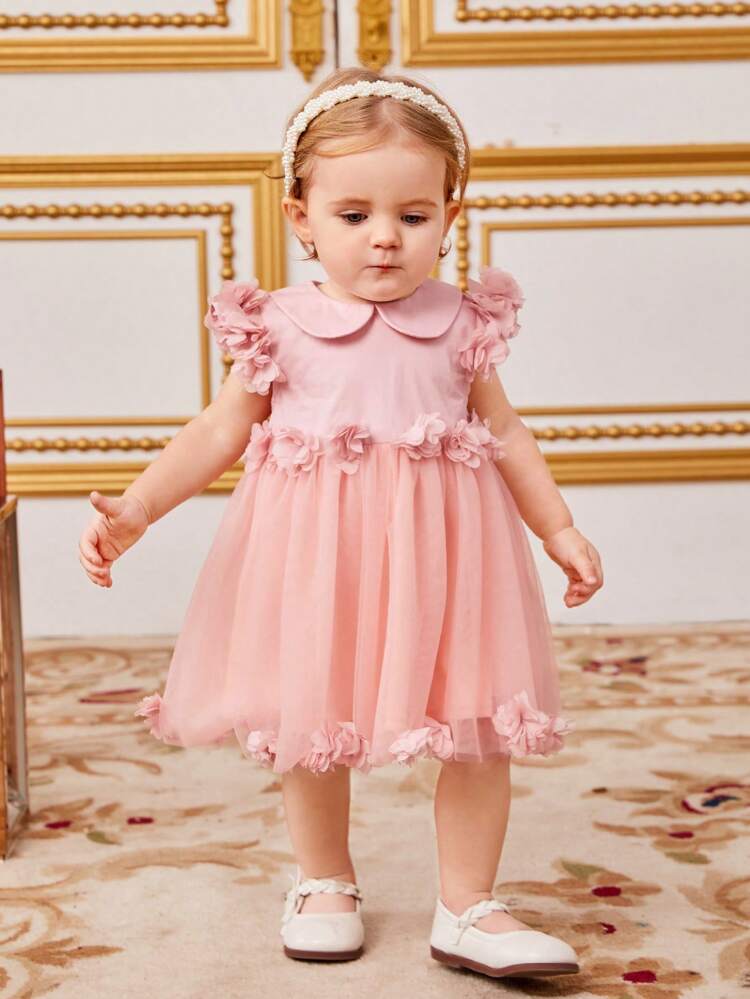 Lovely Baby Girl's Sleeveless Dress With Peter Pan Collar, Contrast Mesh And 3d Flower Accents