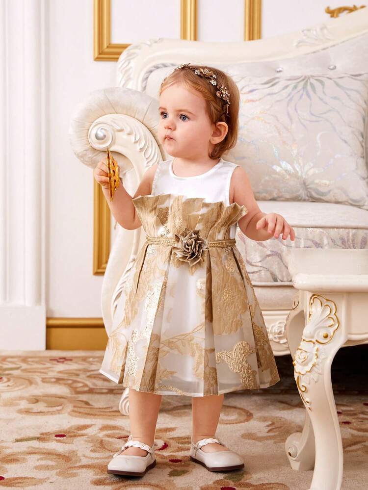 Baby Girl Color-Blocked Gold Floral Pattern 3d Flower Sleeveless Dress