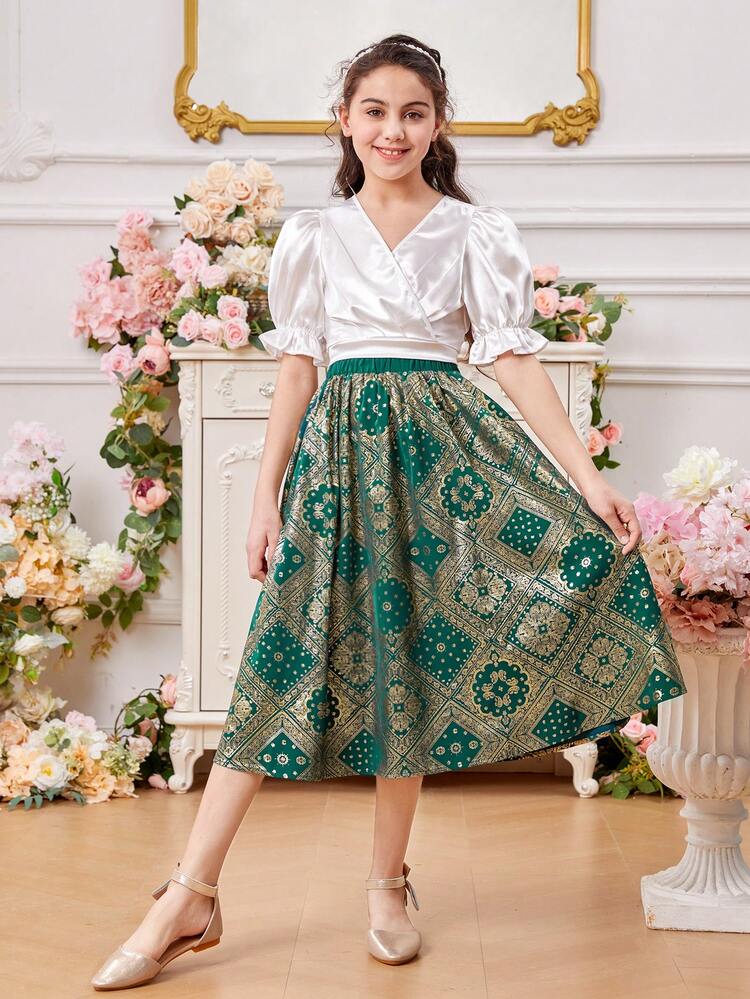 Tween Girls' Cross Neck Puff Sleeve Smocked Top & Vintage Patterned Skirt Two Piece Outfit