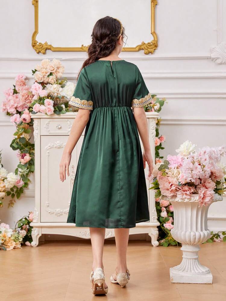 Tween Girls' Elegant Style Dress With Cut-Out Neckline, Weaving Belt Decoration