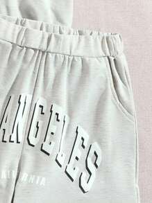 青少女信封字母印花連帽衫和兩側口袋短褲套裝 - 灰色 - 查看 4