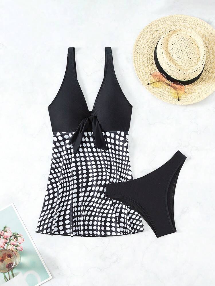 Women'S Random Polka Dot Printed Tie Front Cami Top And Triangle Bottom Tankini Swimwear Set Summer