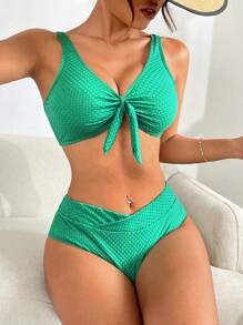 SHEIN Swim 女士纯色前结比基尼套装 夏季 - 綠色 - 查看 3