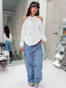 SHEIN EZwear 女用肩部鏤空和仿舊細節超大毛衣 - 白色 - 查看 6