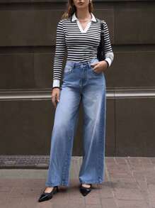 SHEIN Essnce Của phụ nữ Sọc Cổ chữ V Áo thun - Đen và trắng - Xem 3