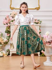 SHEIN Tween Girls' Cross Neck Puff Sleeve Smocked Top & Vintage Patterned Skirt Two Piece Outfit - Multicolor - View 4