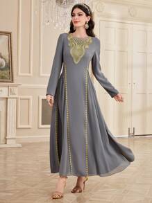 Al Najma Women's Woven Straps Splicing Dress, Modest - Grey - View 4