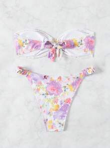 SHEIN Swim 夏季海滩女士两件套比基尼套装，花卉印花荷叶边，假日海滩泳装狂欢节 - 彩色 - 查看 3