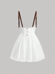 SHEIN MOD 女款拼色網布拼接荷葉袖紐扣細節連身裙 - 白色 - 查看 1