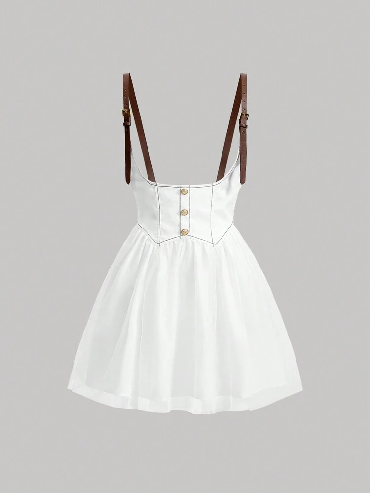 Women'S Color Block Mesh Panel Lotus Sleeve Button Detail Dress