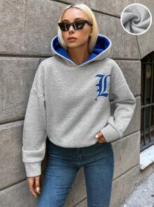 RueChic Letter Graphic Drop Shoulder Hoodie - Light Grey - View 5
