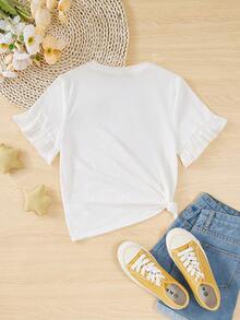 SHEIN تيشيرت قصير أنيق بعنق دائري للفتيات المراهقات، بتصميم كرتوني جذاب وأسلوب أنثوي في الأكمام - أبيض - مشاهدة 2