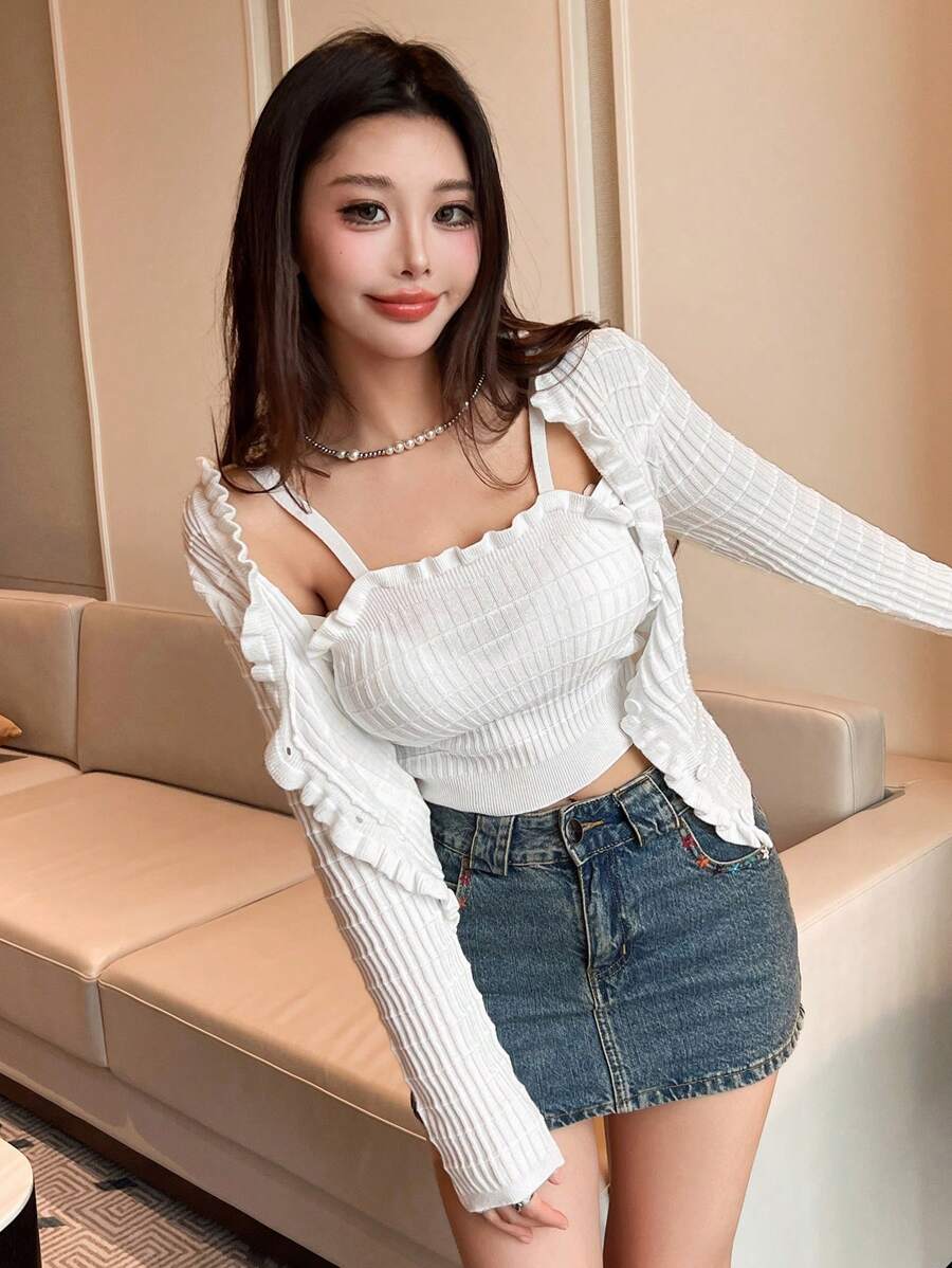 SHEIN Unity Women's Textured Frill Edging Knitted 2-Piece Set - White - View 1