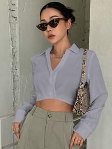 DAZY Camisa De Manga Larga Corta De Un Solo Color - Gris - Ver 2