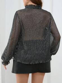 SHEIN Privé 大尺碼女士優雅v領襯衫,燈籠袖,閃亮面料,長袖,透視版型,適用於派對、晚餐、浪漫約會 - 彩色 - 查看 2