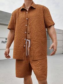 Manfinity Homme Męski Rozmiar Plus Teksturowane Krótki Rękaw Koszula I Szorty - Brązowy - Zobacz 4
