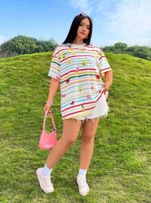 SHEIN Qutie Plus Size Women's Loose Fit Striped Summer Tee With Printed Design